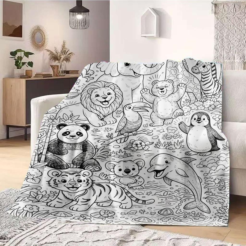 Couverture Animalière Ligne Art Jungle & Océan Style Livre de Coloriage - Jeté Doux Polyvalent Toutes Saisons pour Chambre, Canapé & Linge de Lit