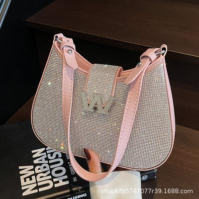 French Texture Diamond-encrusted Small Bag Women's Fashion Oblique Span Small Square Bag 2025 Summer New Niche Underarm Dinner Bag