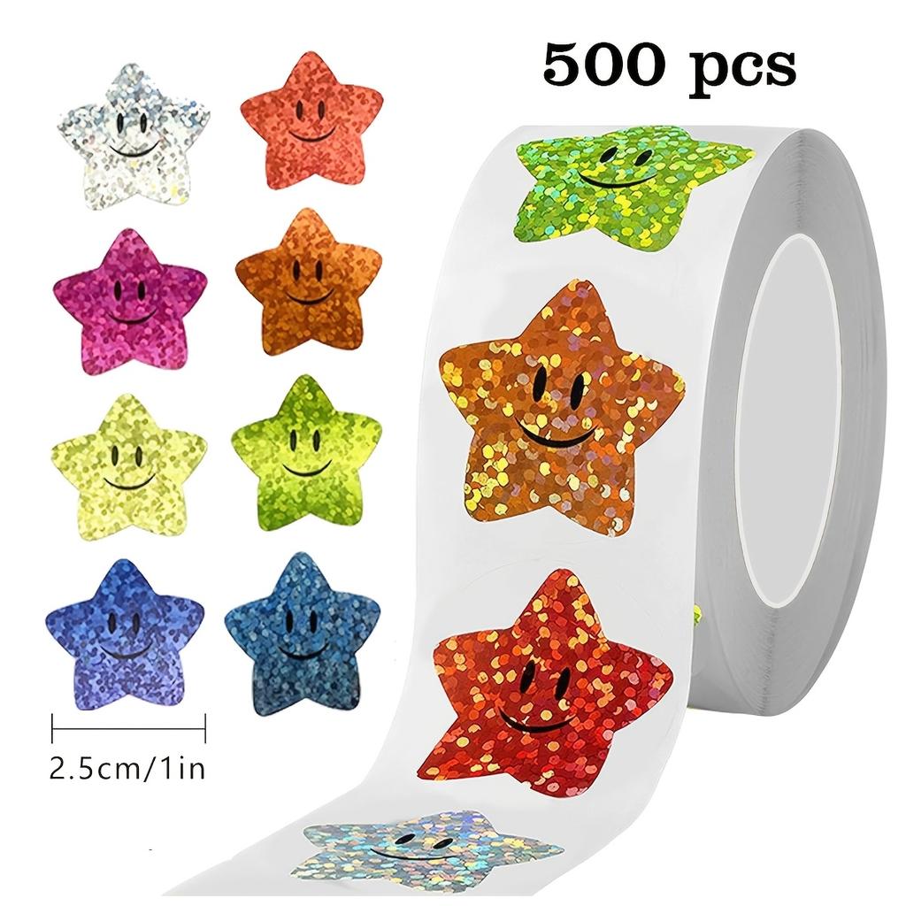 500pcs Shiny Aluminum Foil Star Emoticon Stickers, 6 Styles with Various Colors and Patterns,Suitable for Encouragement, Rewards