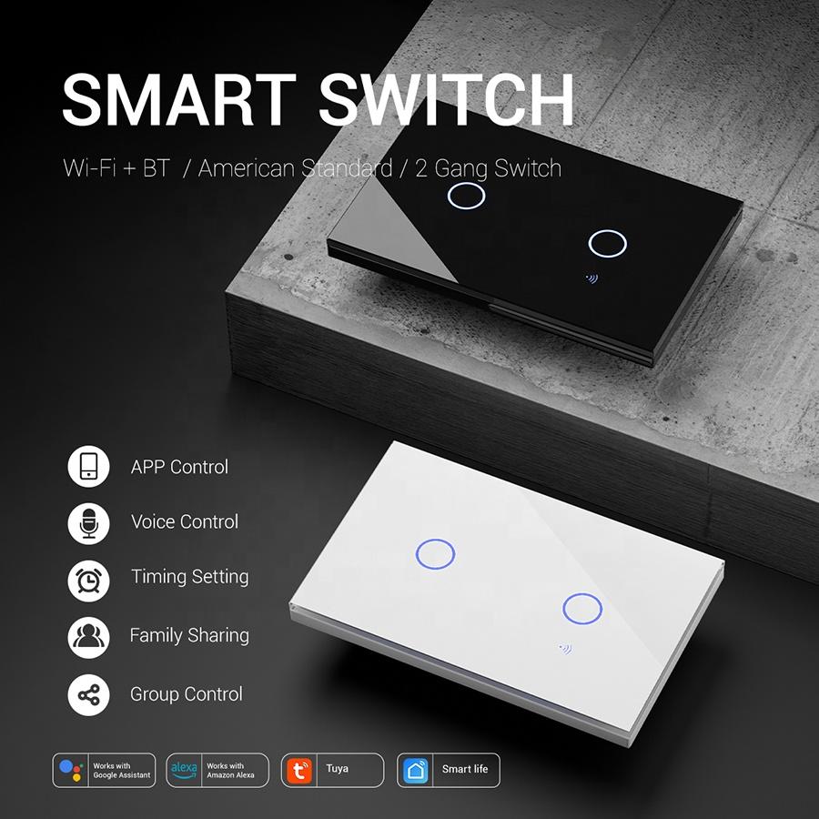 Flush Mounted Double Smart Home Light Switch Black White Tempered Glass Wifi 2.4GHz Wall Switch Neutral Wire or Capacitor