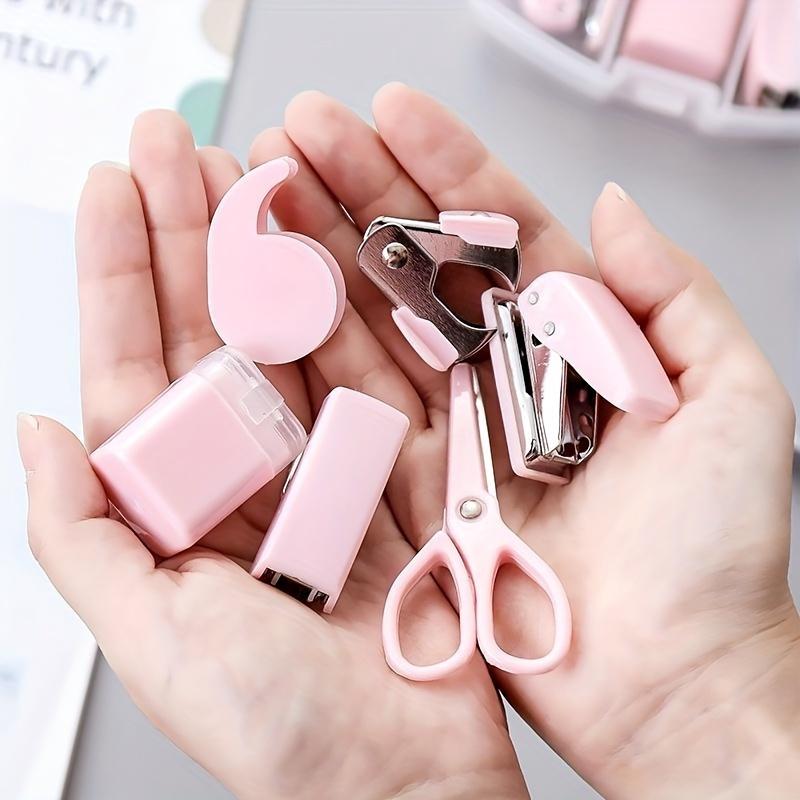 8pcs/set Portable Hole Punch, Staple Lifter, Tape Dispenser, Small Tape, Pencil Holder, Scissors And 500 #10 Staples.