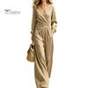 Casual Women Outfit Women's Long Sleeve 2 Piece Sets, Irregular Hem V Neck Top Comfortable And Wide Leg Pants Matching Travel Vacation Outfits