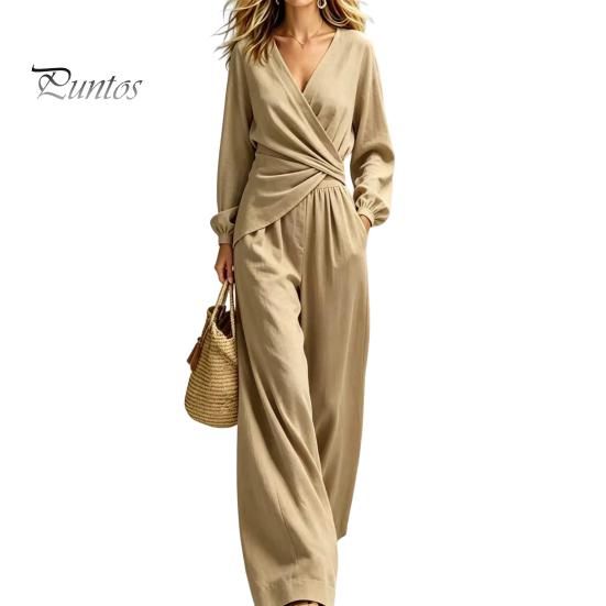 Casual Women Outfit Women's Long Sleeve 2 Piece Sets, Irregular Hem V Neck Top Comfortable And Wide Leg Pants Matching Travel Vacation Outfits