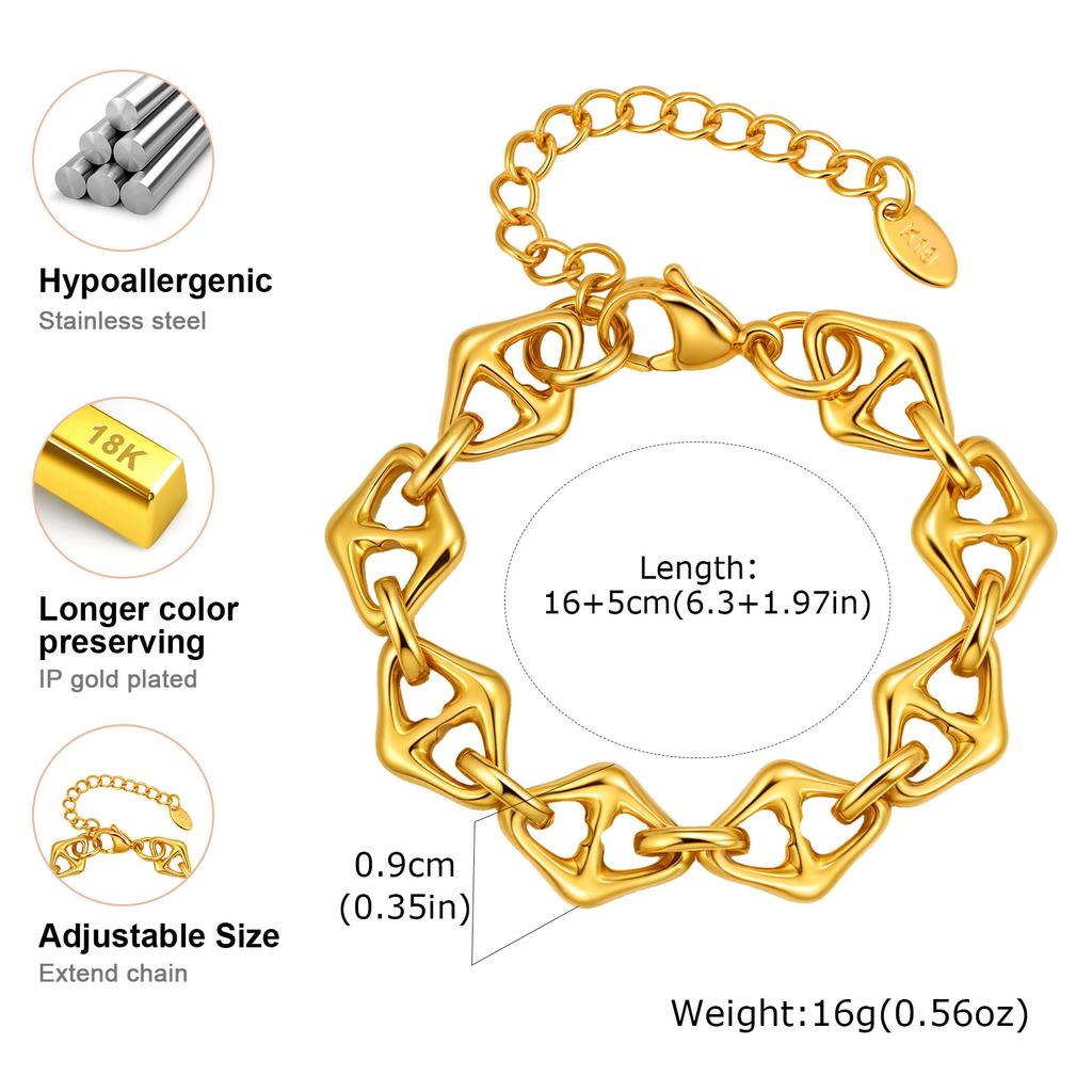 Gold Plated Paperclip Chunky Chain Bracelet Rhombus Geometric Minimalist Bracelets for Women Stainless Steel Irregular Jewelry