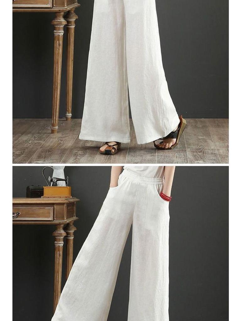 Pantaloni Larghi in Cotone e Lino Taglie Forti da Donna - Vita Elastica, Coulisse, Vestibilità Ampia per Primavera/Estate