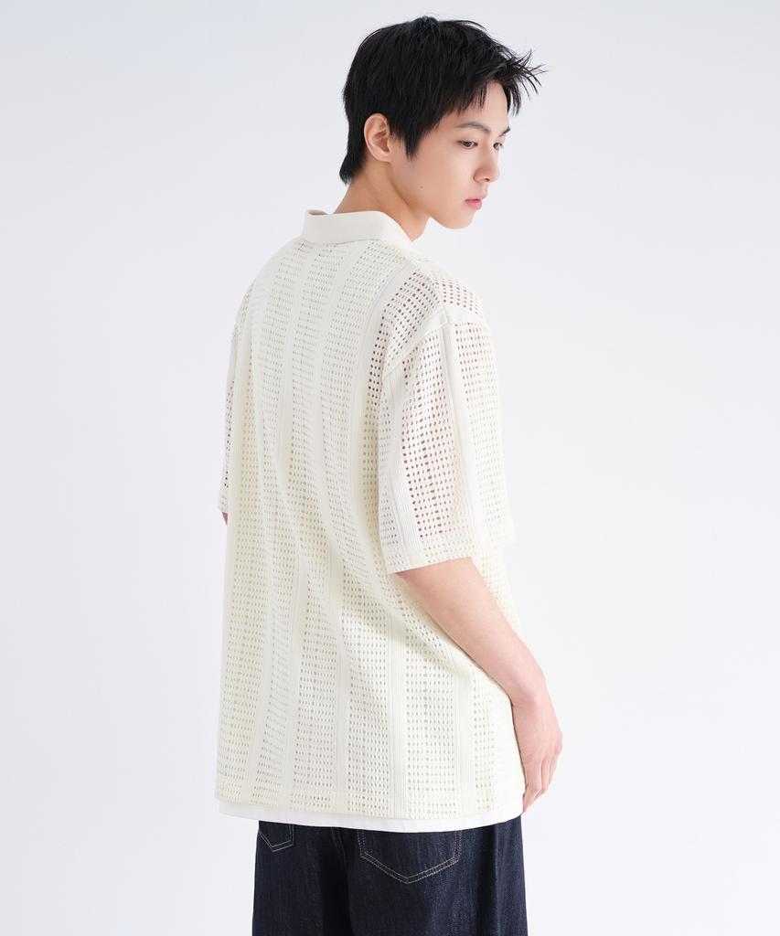 Musinsa Standard Vertical Crochet Slit Neck Polo Shirt [Ivory]