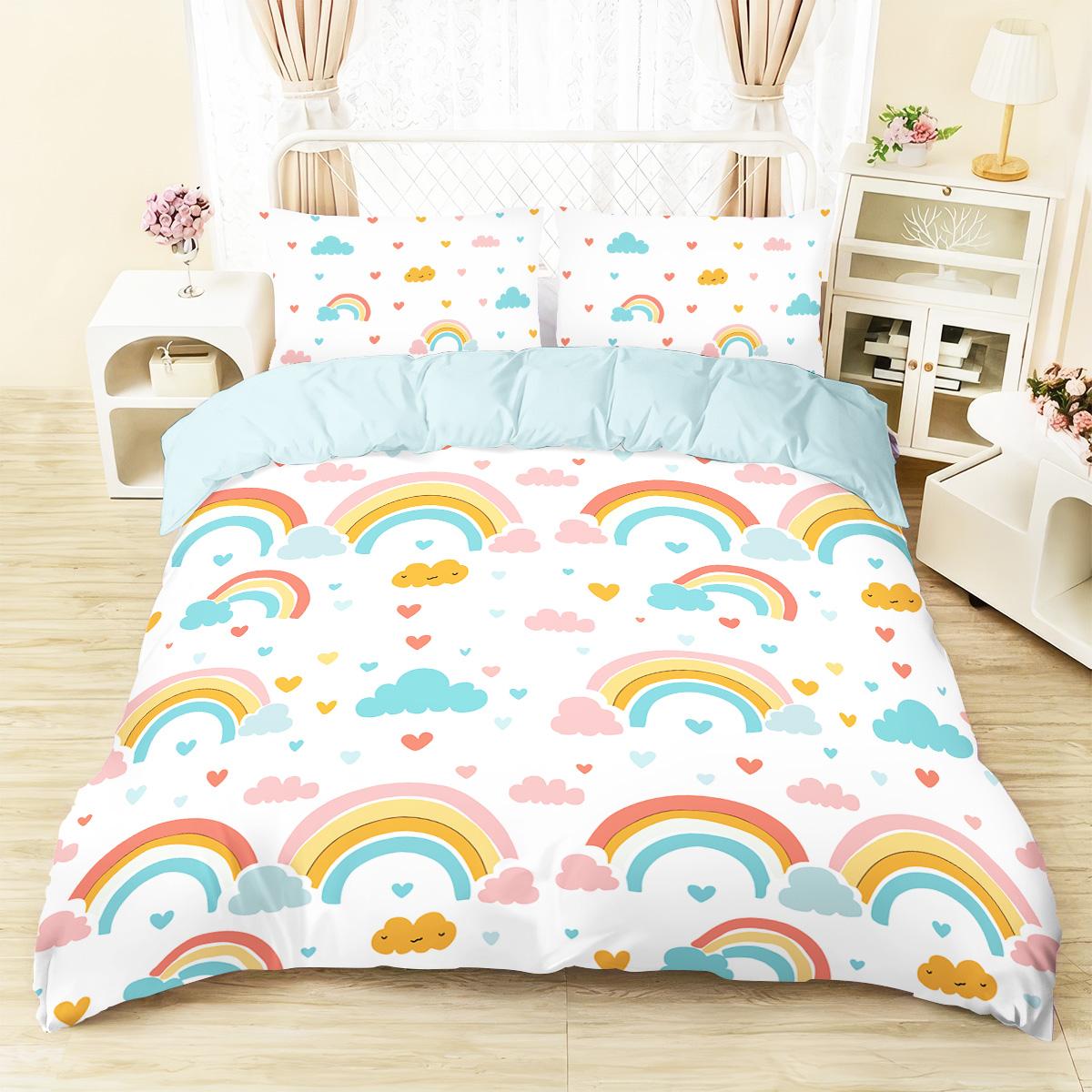 

3pcs (1 quilt cover, 2 pillowcases, no core), colorful and cute rainbow element printed bedding set, soft and comfortable 135x200cm-EU-Single&set