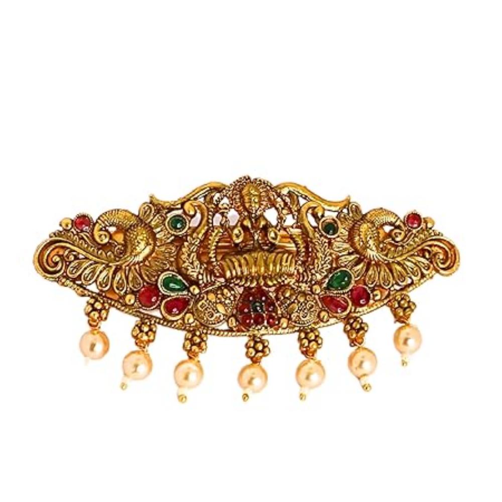 Traditional Gold-Plated Hair Barrette Clip With Floral Design And Beads Danglers (Design-1)