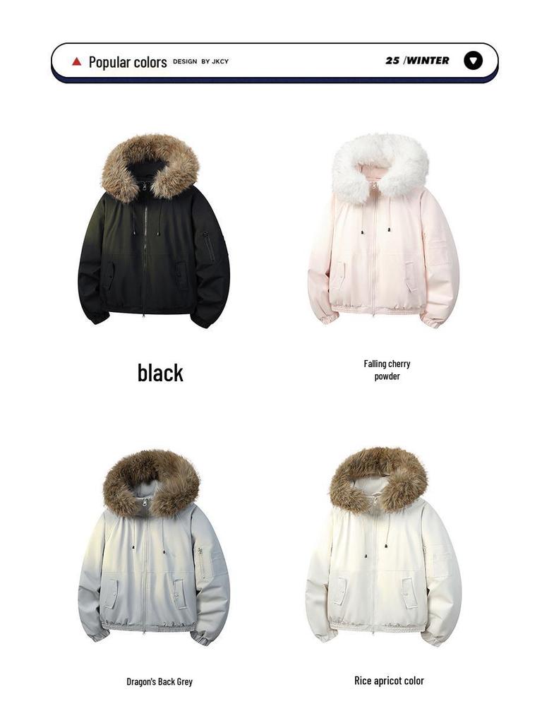 Winter Cotton Hooded Jacket with Removable Fur Collar - Windproof, Warm, and Lightweight for Couples