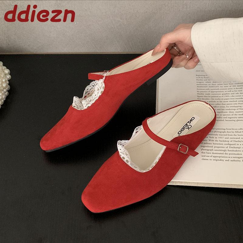 Fashion Shallow Fashion Buckle Ladies Flats Mary Janes Shoes Female Slides Square Toe Footwear Slip On Women Flats With Shoes
