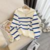 High-Quality Korean-Style Trendy Knit Zipper Sweater for Women – Blue Striped, One Size