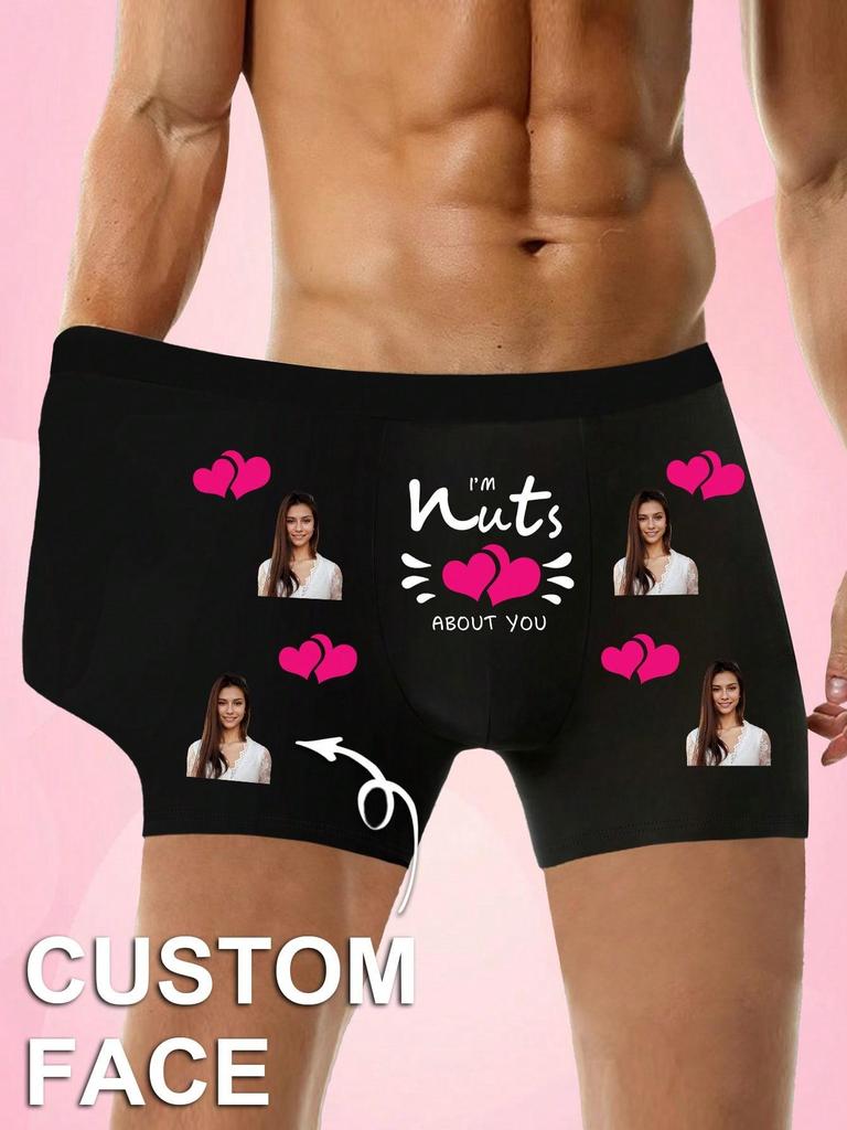 Men's Customized Photo Pink Heart Pattern Boxer Briefs, Elastic Soft Comfortable Personalized Underwear, Ideal Gift for Boyfriend/Husband