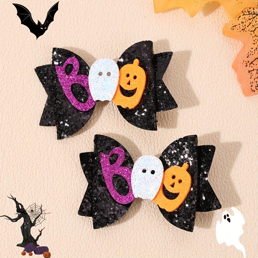 2Pcs Halloween Glitter Bow Hair Clips Glittering Ghost Pumpkin Bownot Hairpins Girls Kids Party Headwear Hair Accessories Gift