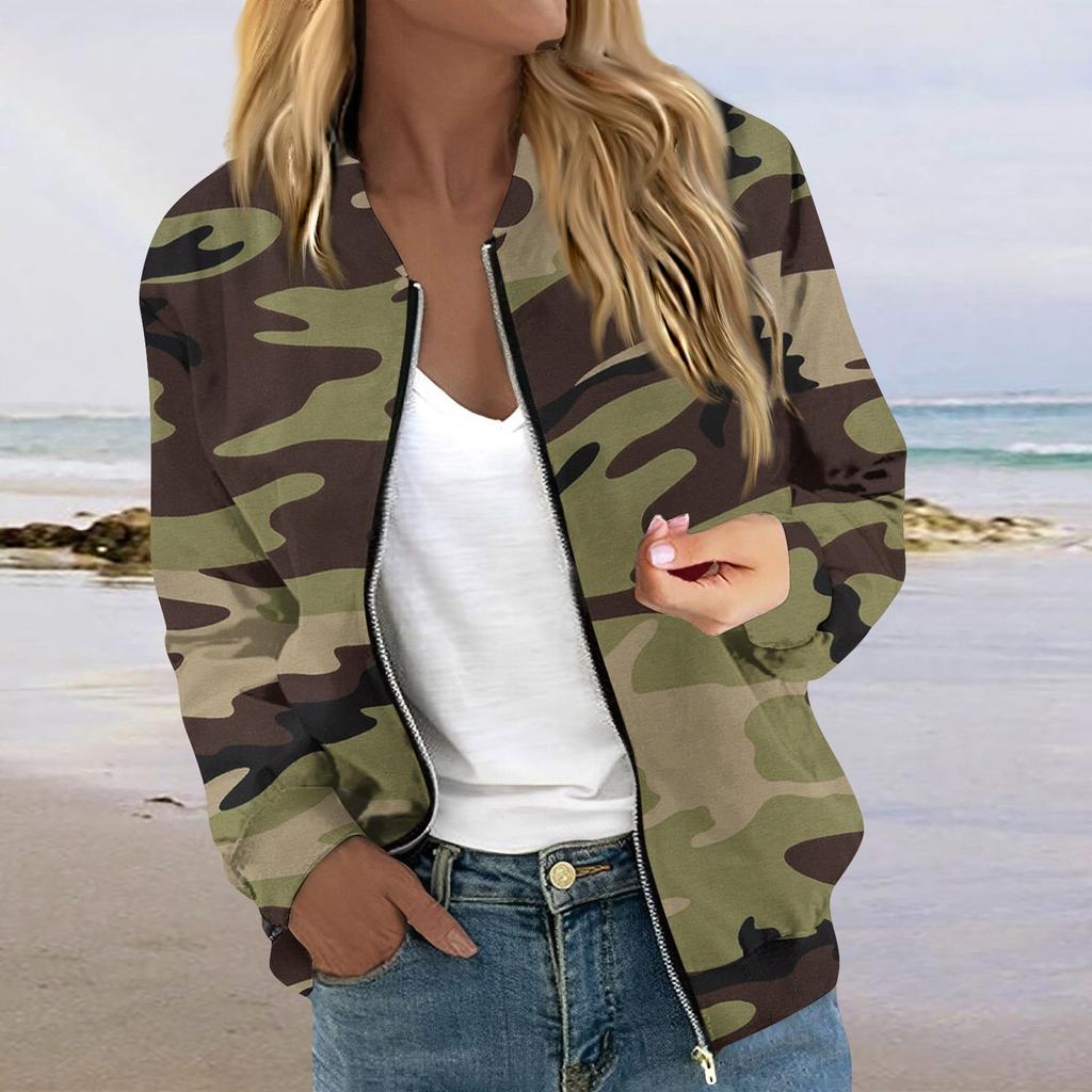 Damen Langarm Reißverschluss Camouflage Print Jacke Lässige Steppjacke mit Taschen