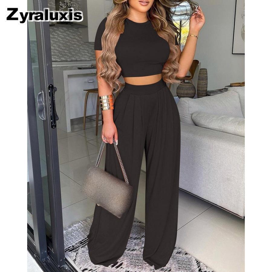 Women s Elegant Wind Short Sleeve Two Piece Printed Long Pants Set for Women Lightweight S чёрный