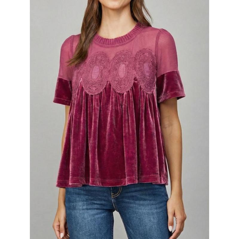 Women European Style Loose Embroidered Puff Short Sleeve Lace Patchwork Velvet Blouse