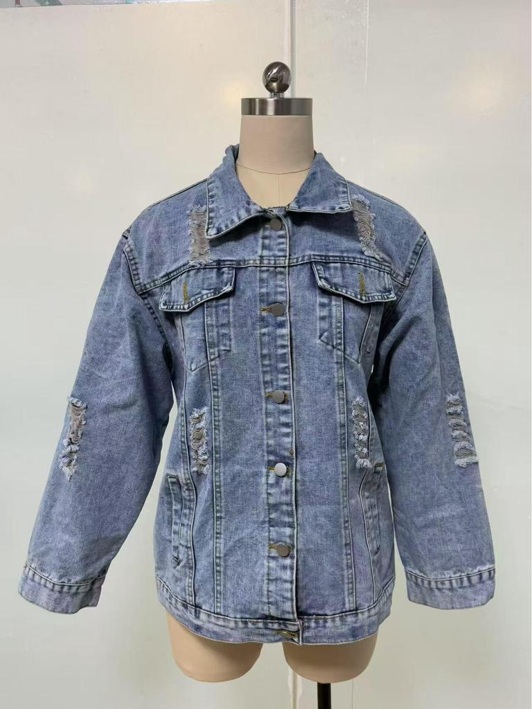 Women's Oversized Ripped Denim Boyfriend Jacket