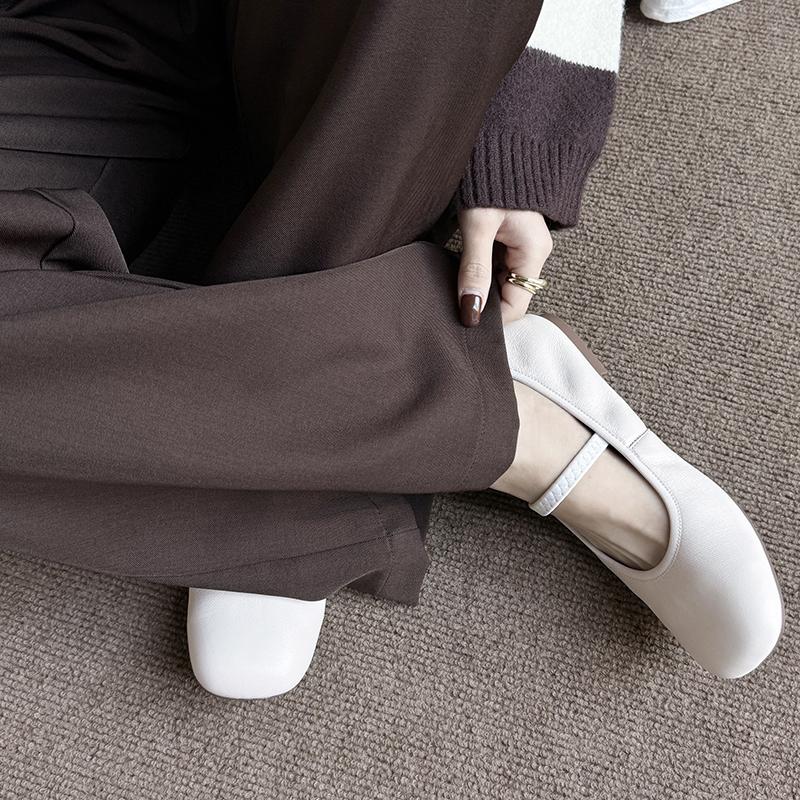 Fashion 2025 New Spring Women Flats Round Toe Chunky Heel Genuine Leather Women Shoes Shallow Soft Buckle Strap Mary Janes Ladies Shoes