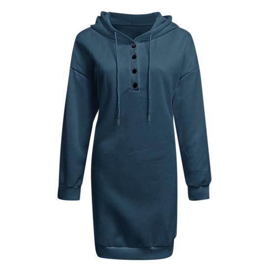 Women Autumn Hoodie Loose Solid Color Hooded Drawstring Long Sleeves Warm Sweatshirt Buttons Pure Color Spring Hoodie for Daily Wear S темно-синий