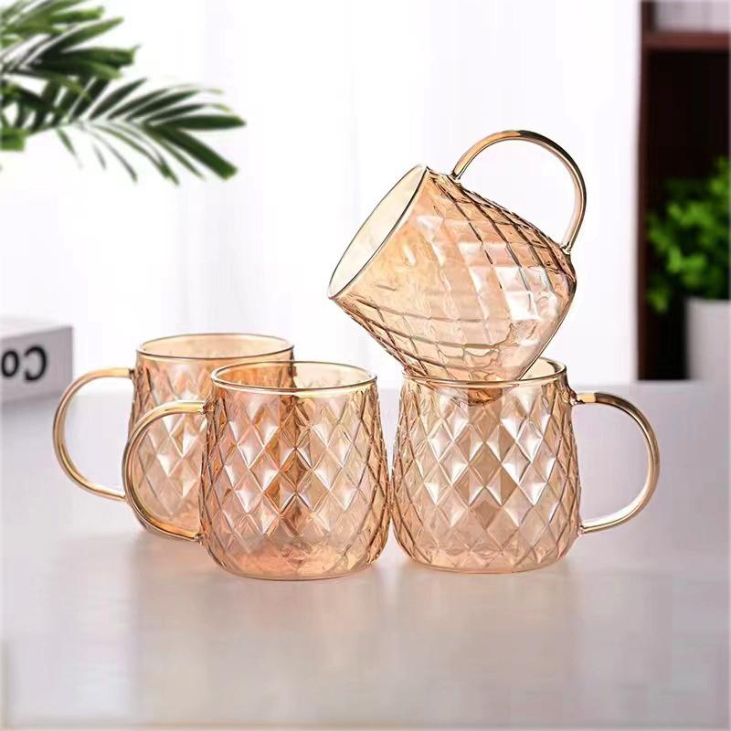 YWDL 1/2pcs Diamond Textured Glass Cup Golden Teacup Mug With Handle Household Fruit Tea Coffee Milk Drinkware Taacup 380ml