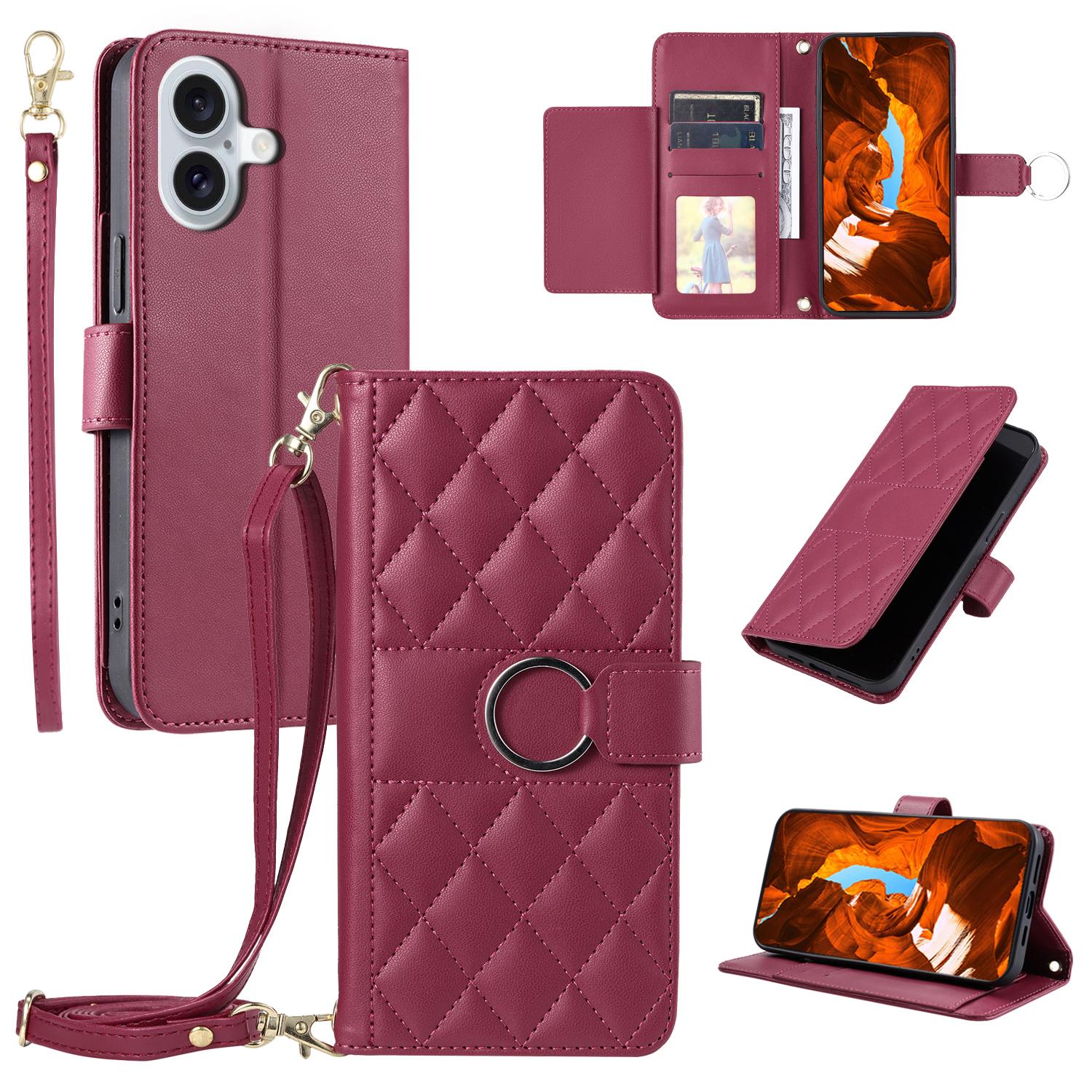 

For iPhone 16 Crossbody Leather Case Ring Buckle Wallet Stand Rhombus Mobile Cover - Black