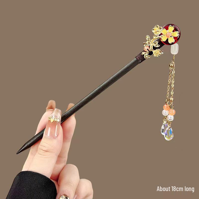 Elegant Red Rose Tassel Hairpin - U-shaped Hair Accessory for Women, Perfect for Updos and Traditional Attire.