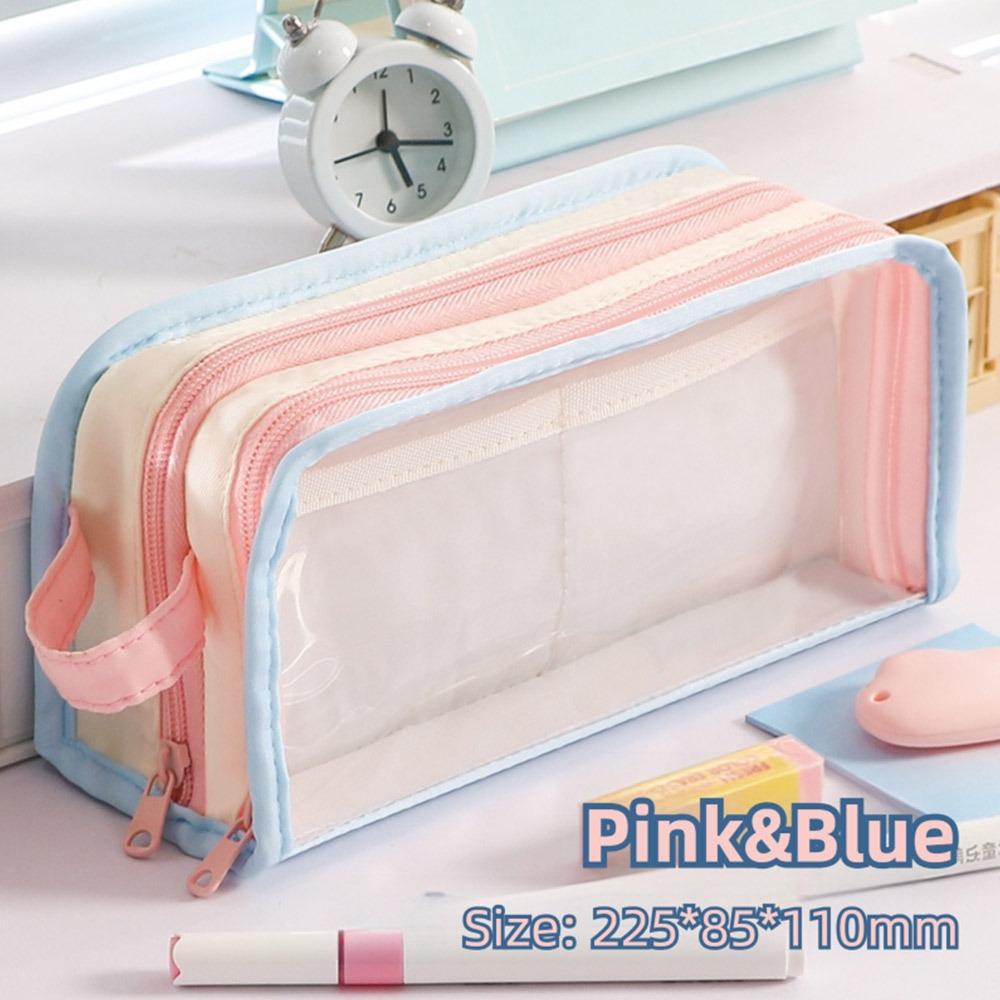 

Large Capacity Hanheld Pen Bag Transparent Mesh Stationery Organizer Cartoon Pen Box School Office Blue Pink