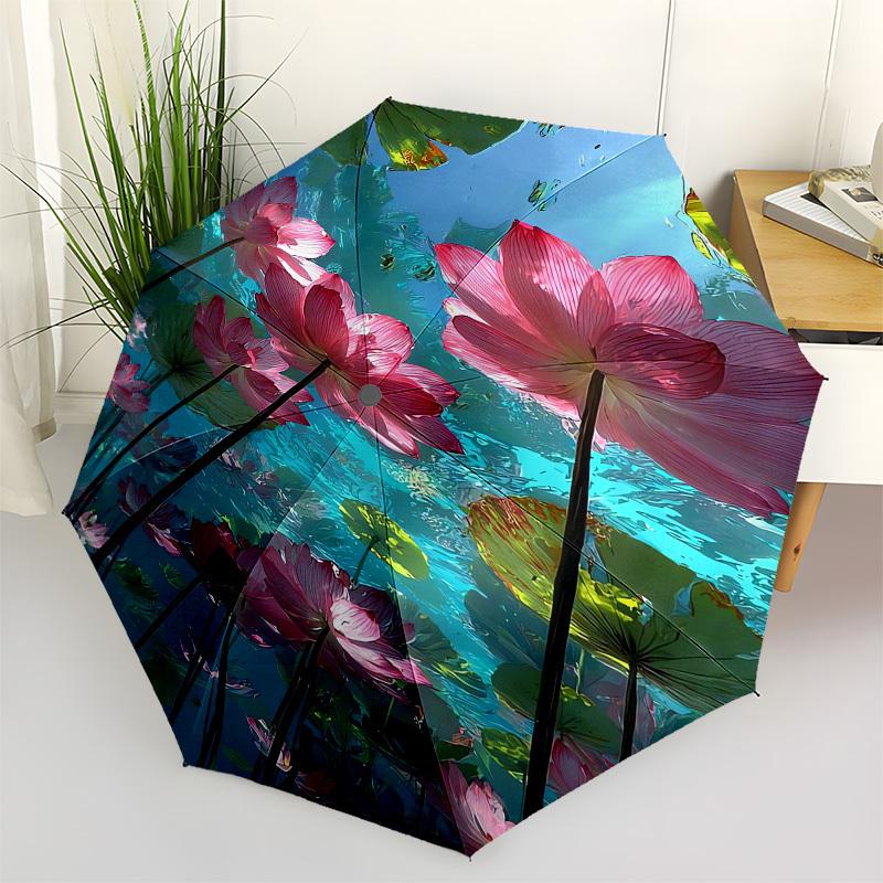 1pc Lotus Pond Reflection Umbrella with Plastic Handle,Suitable for All Seasons UmbrellaPT445