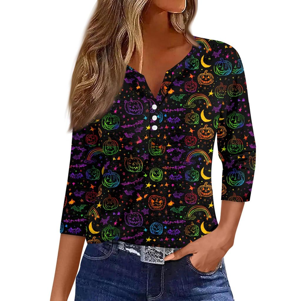 Maglietta da donna con stampa e bottoni, manica 3/4, moda da fine settimana, scollo a V, base, regolare