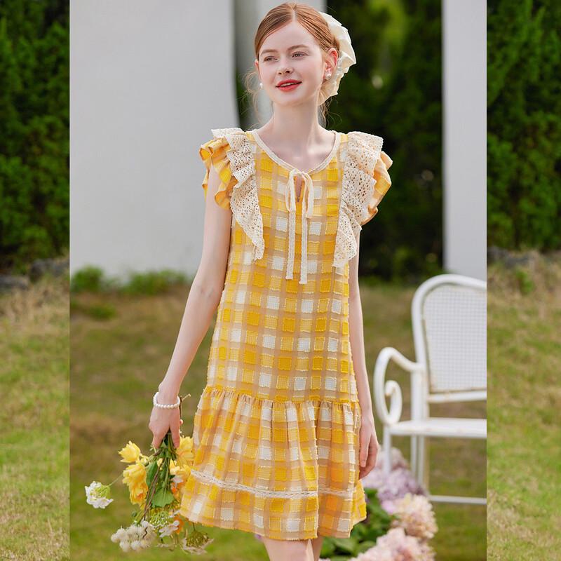 Bailuyu Ruffle Sleeveless Retro Plaid Dress L