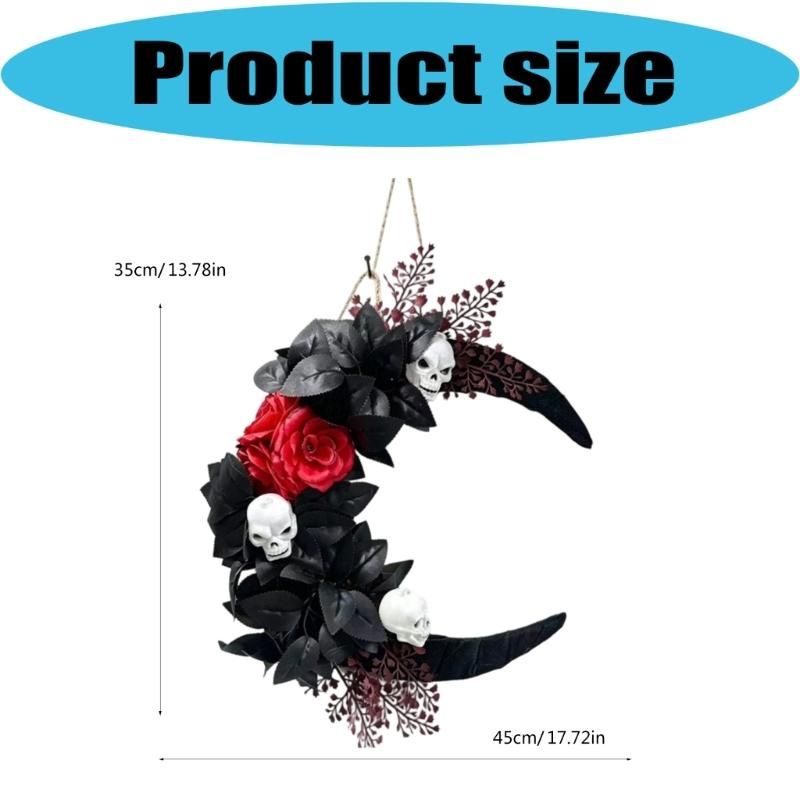 Gothic Halloween Wall Wreath, Moon Shape Rose and Skull Wreath Hanging Decoration for Front Door, Entryway, Room, and Themed Party Backdrops Display