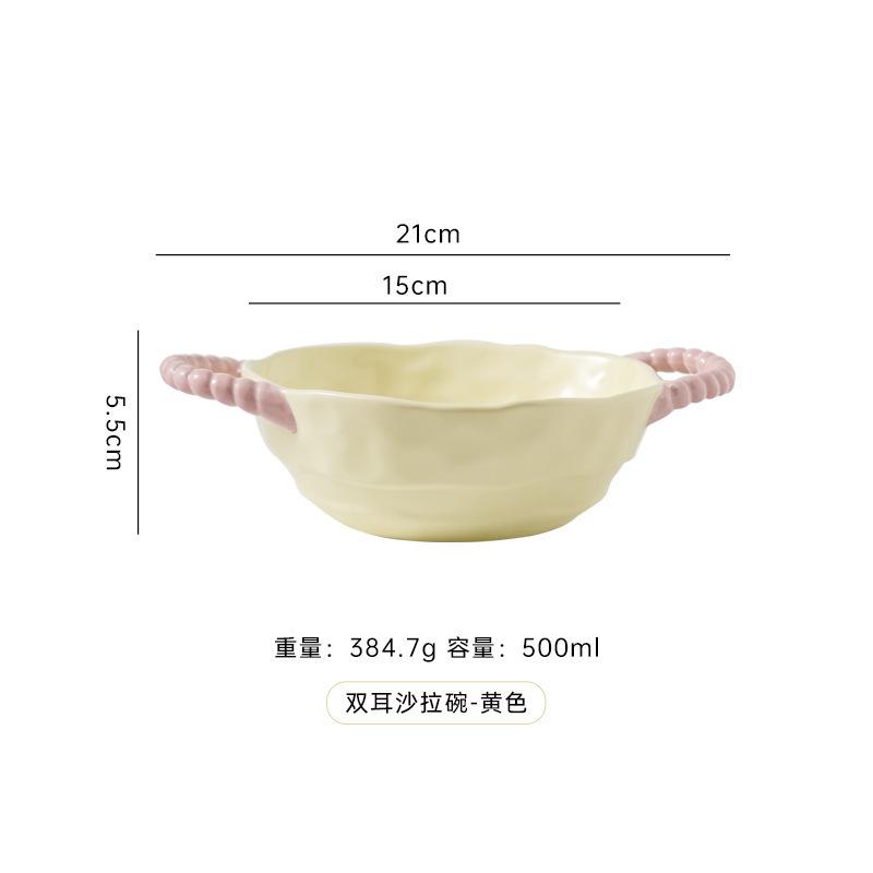 Ins Color Matching Advanced Sense Ceramic Handle Bowl Baking Bowl Atmosphere High Value Instant Noodle Bowl Salad Fruit Yogurt Bowl