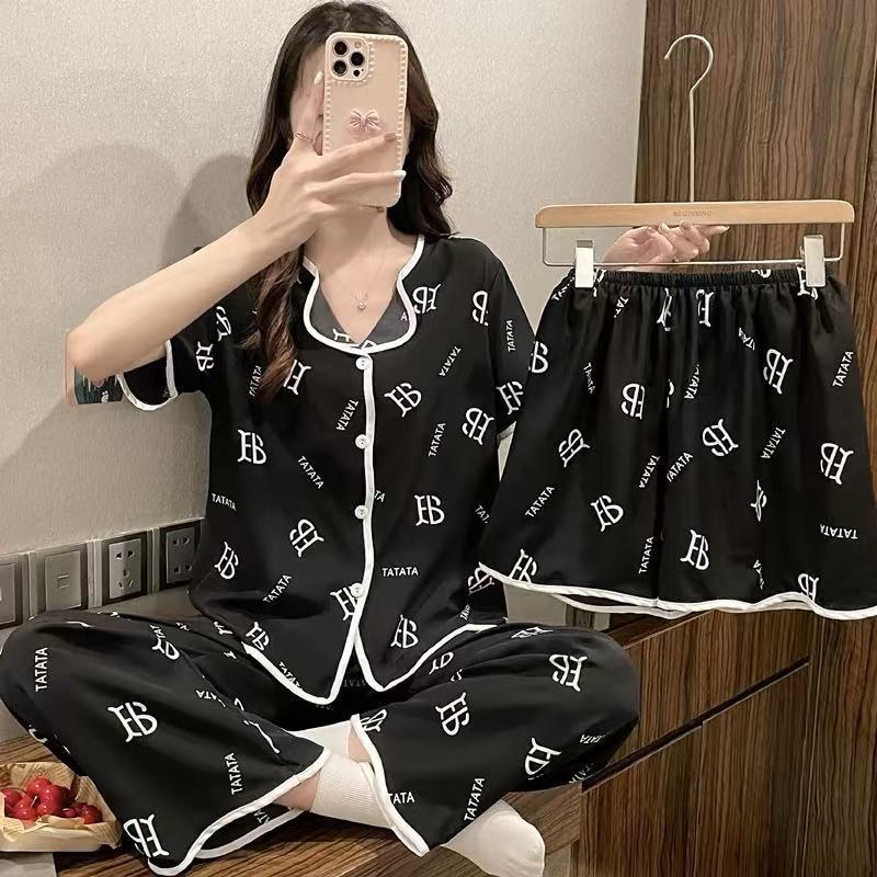 Üç Parça Set Kadın Uyku Giyim İpek Kısa Kollu Pantolon Pijama Bayan Karikatür Ayı Kiraz Yaka Hırka Seksi Gecelik