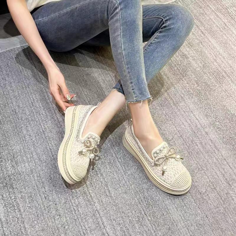 Foreign Trade Small Fragrant Wind Fisherman Shoes Female Summer 2024 New Mesh Surface Breathable Rhindiamonds Bow Pearl Leisure
