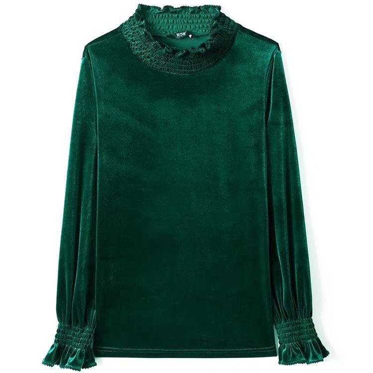 Jednobarevná zlatá, sametová košile Dámské Podzim Zima Nová móda Halenka s polovysokým výstřihem Temperament Dřevěný Top