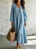 Summer new lace V-neck cotton and linen dress for women, loose long-sleeved vacation style solid color medium and long skirt