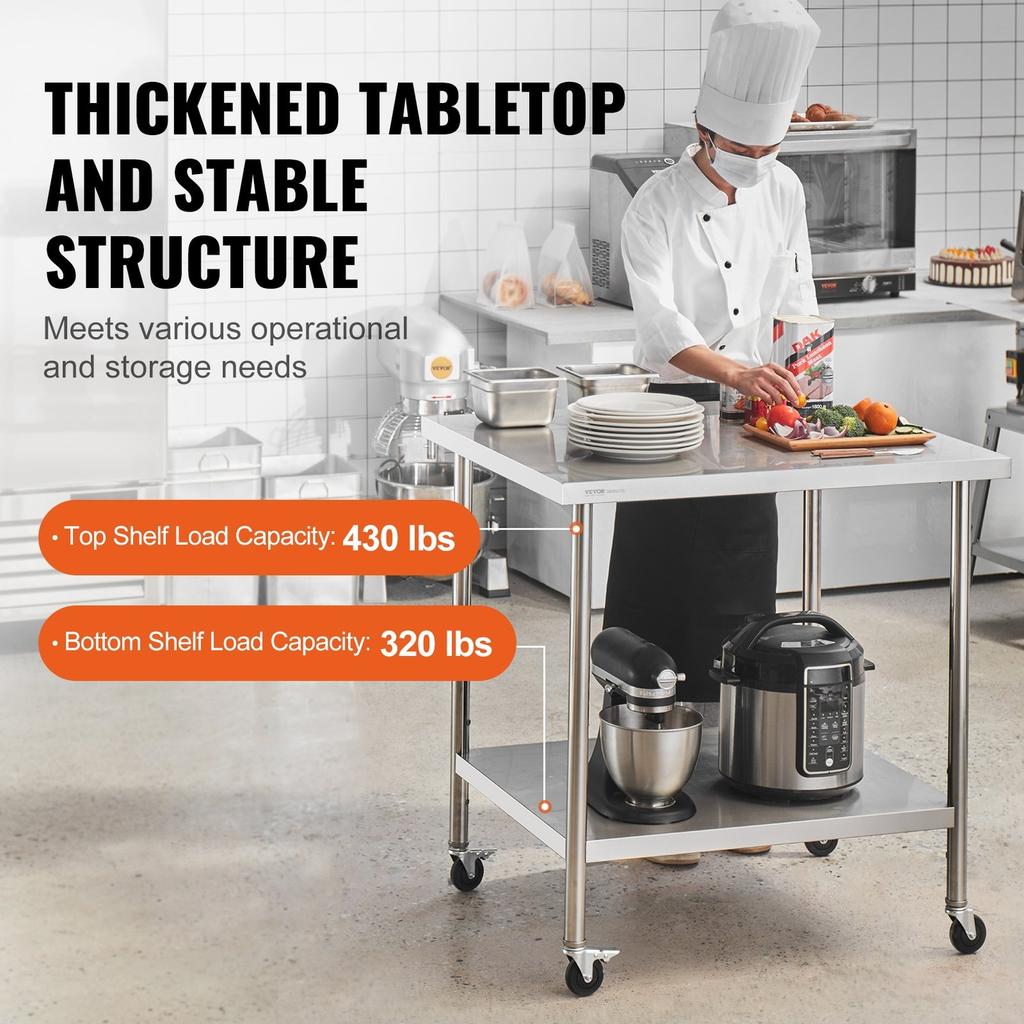 Stainless Steel Work Table Commercial Prep Table 24x36 Inch With 4 Casters