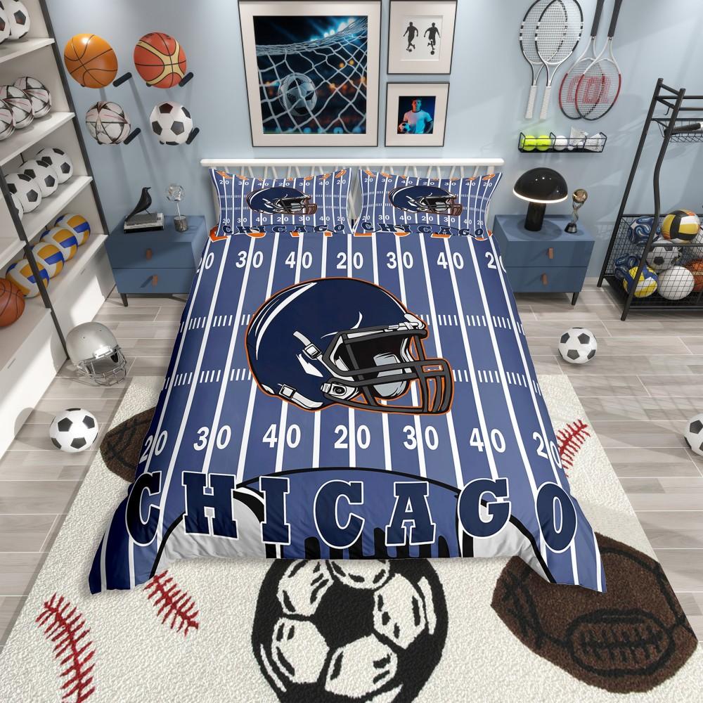 Homewish Cartoon Eishockey Bettbezug Set für Jungen, Eat Sleep Bettwäsche Set, Marinegrau Sporthelm Wendebettwäsche