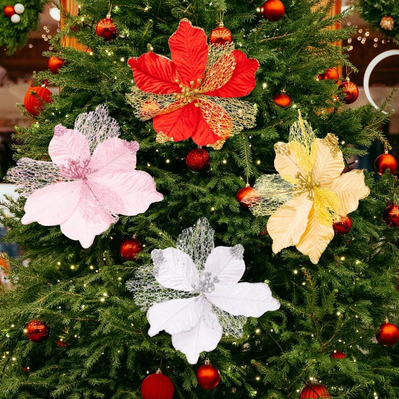 1PCS Christmas Ornament Golden Red Simulation Christmas Flower Handmade Maple Leaf Decorative Flower Christmas Flower Pendant