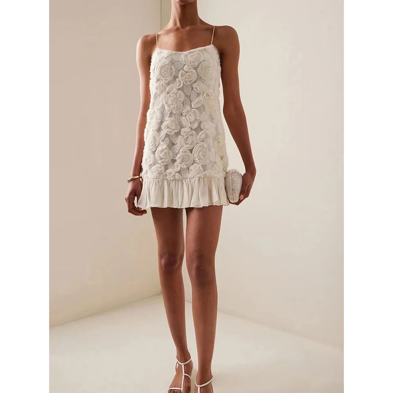 Goddess Romance French Style Gentle Atmosphere Three-Dimensional Flower Patchwork Pleated Short Vacation Sling Dress