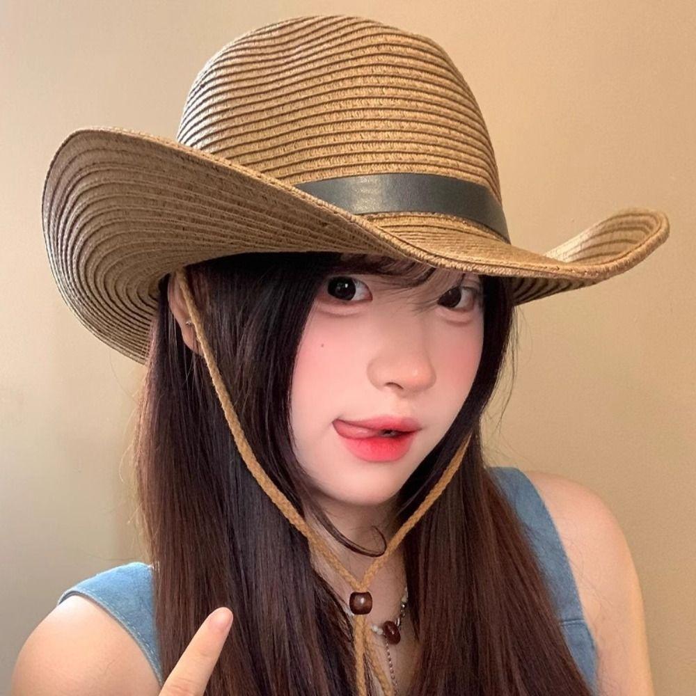 Foldable Straw Visor Hat Wide Brim Sun Protection Cap Fashion Western Cowboy Hat  Women Men