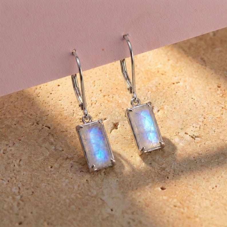 Natural Rainbow Moonstone Rectangle Dangle Earrings