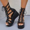 Slope Heel Sandals Summer New Round Head Thick Bottom Front Lacing Hollow Bag with Anti-slip Wear-resistant High Heels