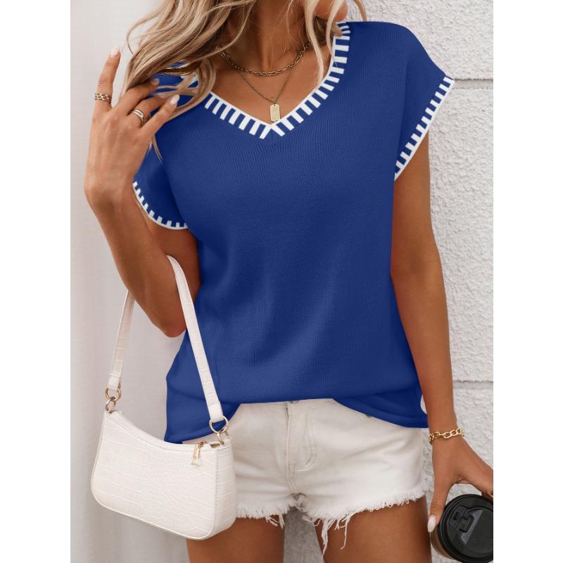 Summer fashion new style women's clothing, elegant temperament, loose and versatile pullover V-neck striped knitted short-sleeved