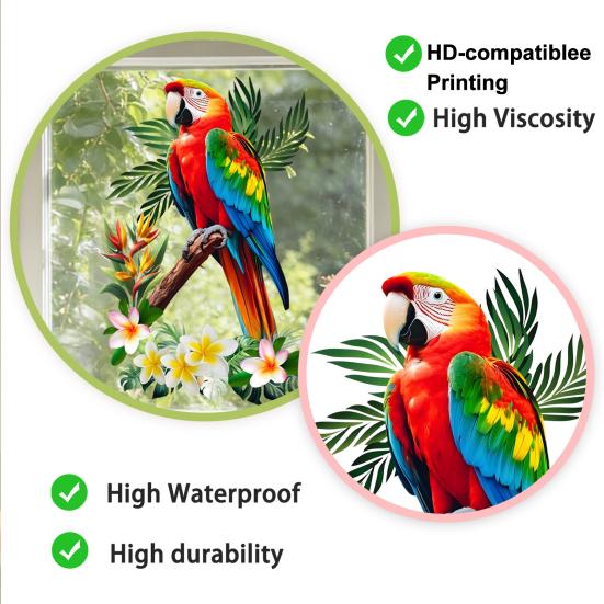 Tropical Parrots on Branch Window Clings Bird Flowers Palm Leaves Anti-Collision Glass Door Sticker Removable Waterproof Static PVC Decals for