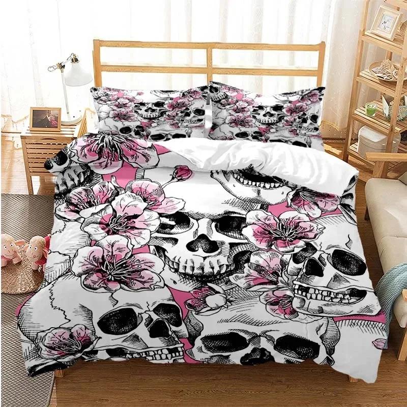 Socker Skalle Påslakanset Queen Size Blommor Skelett Sängkläder Dubbelt Sängklädesset Med Örngott King Size Skalle Täcke