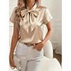 2026 Spring/Summer Solid Color Women's Short Sleeve Bow Satin Blouse Shirt Top