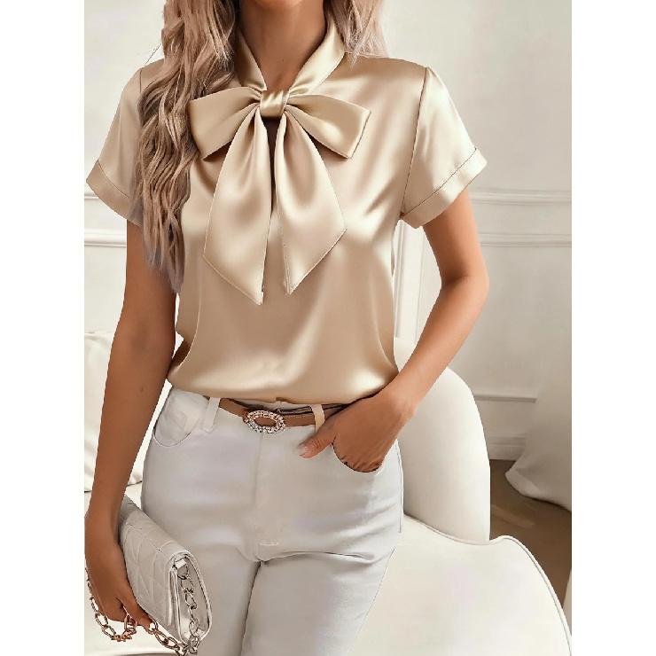 2026 Spring/Summer Solid Color Women's Short Sleeve Bow Satin Blouse Shirt Top