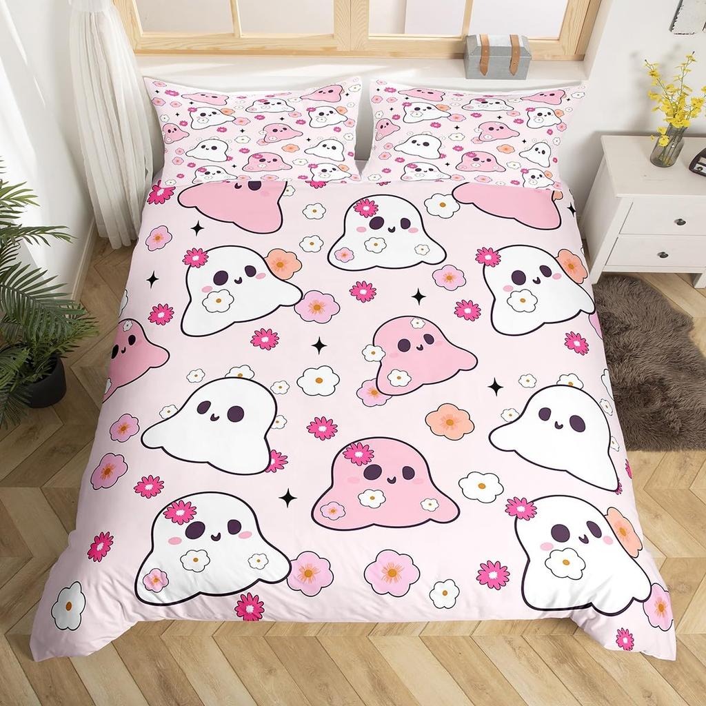 Cartoon Ghost Pink Duvet Cover Cute Black Cat Pet Animal Kitten Quilt Cover Happy Halloween Theme Bedding Set with 2 Pillowcases
