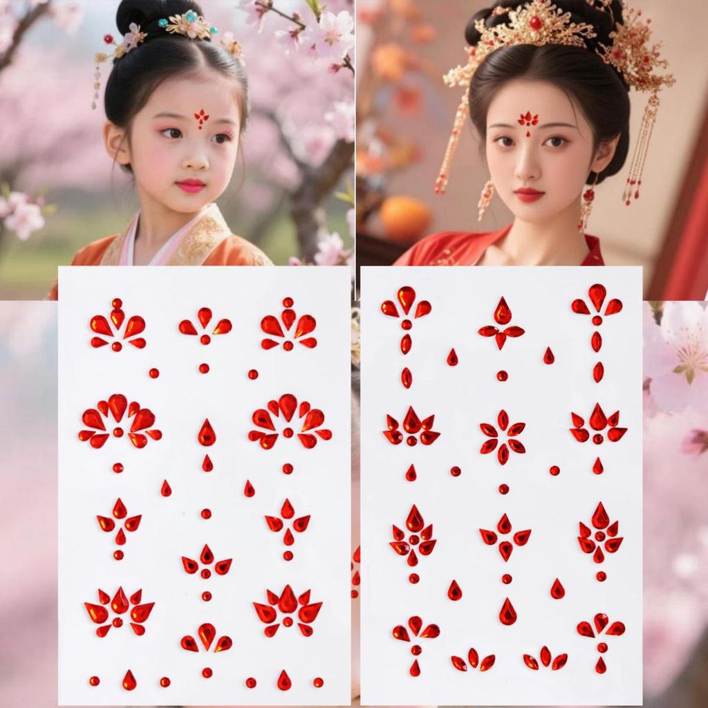 Ancient Style 3D Forehead Gem Stickers for Hanfu Costume - Children’s Glitter Gem Eye Corner and Tear Design